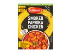 Smoked paprika chicken meal kit with ingredients list, serving suggestion, and recyclable pack label.