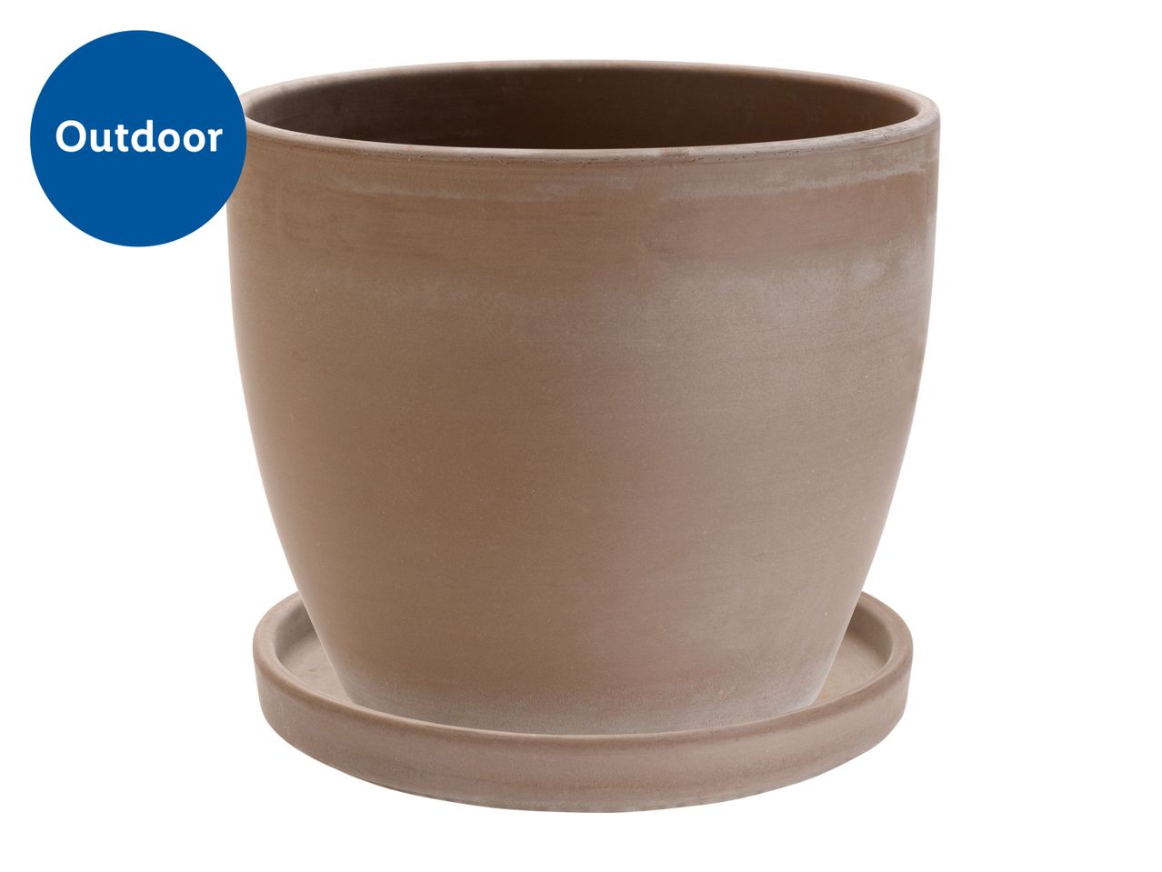 Terracotta plant pot with a saucer, suitable for outdoor use.