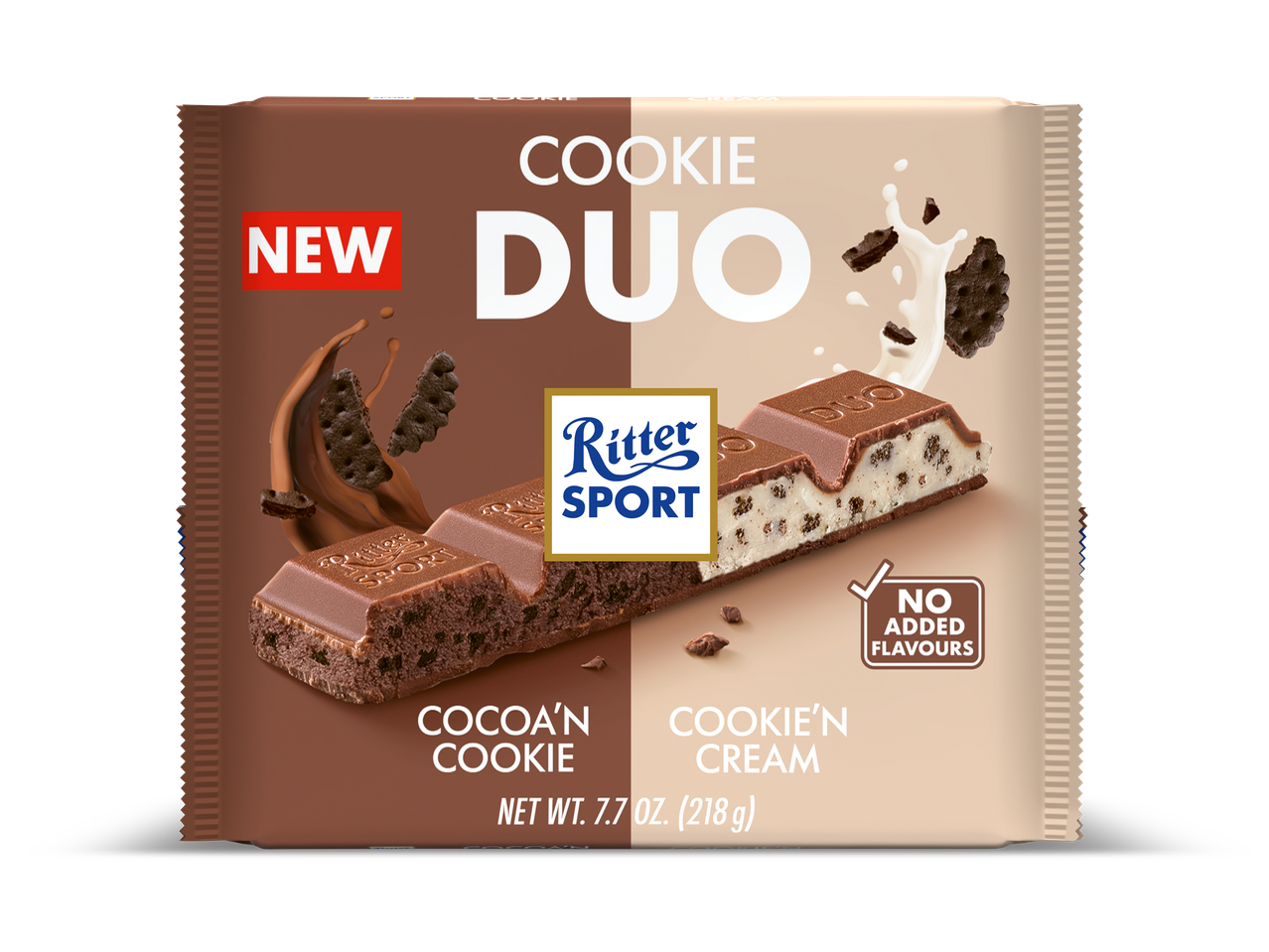 Nieuwe chocoladereep met twee smaken: cacao-koekje en koekje-room, zonder toegevoegde smaken.