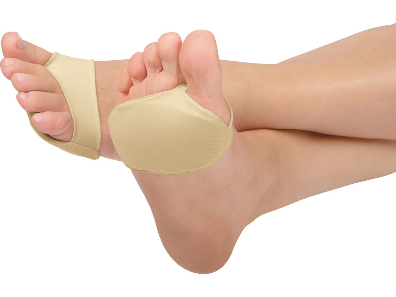 A pair of feet wearing beige metatarsal pads, isolated on a white background.