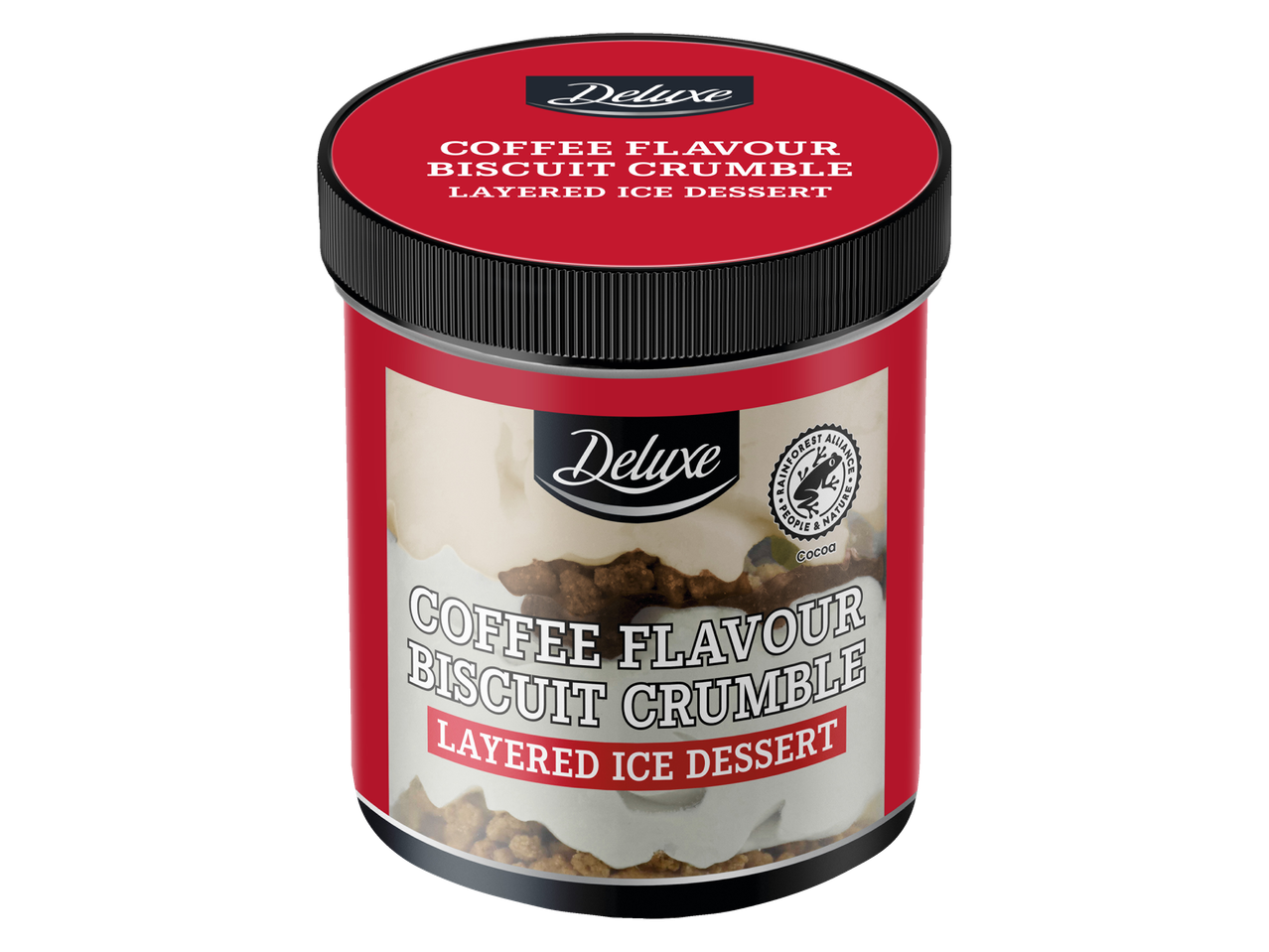 Desert înghețat Deluxe: desert cu straturi, crumble de biscuiți cu aromă de cafea.