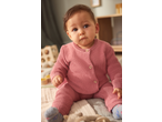 Baby in a pink knitted cardigan and trousers, sitting on a soft blanket.