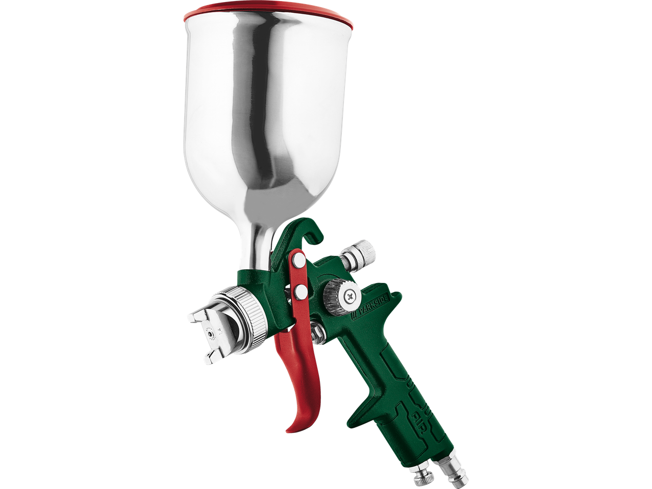 Parkside pištolj za farbanje, pneumatski, sa srebrnim rezervoarom i zelenom drškom