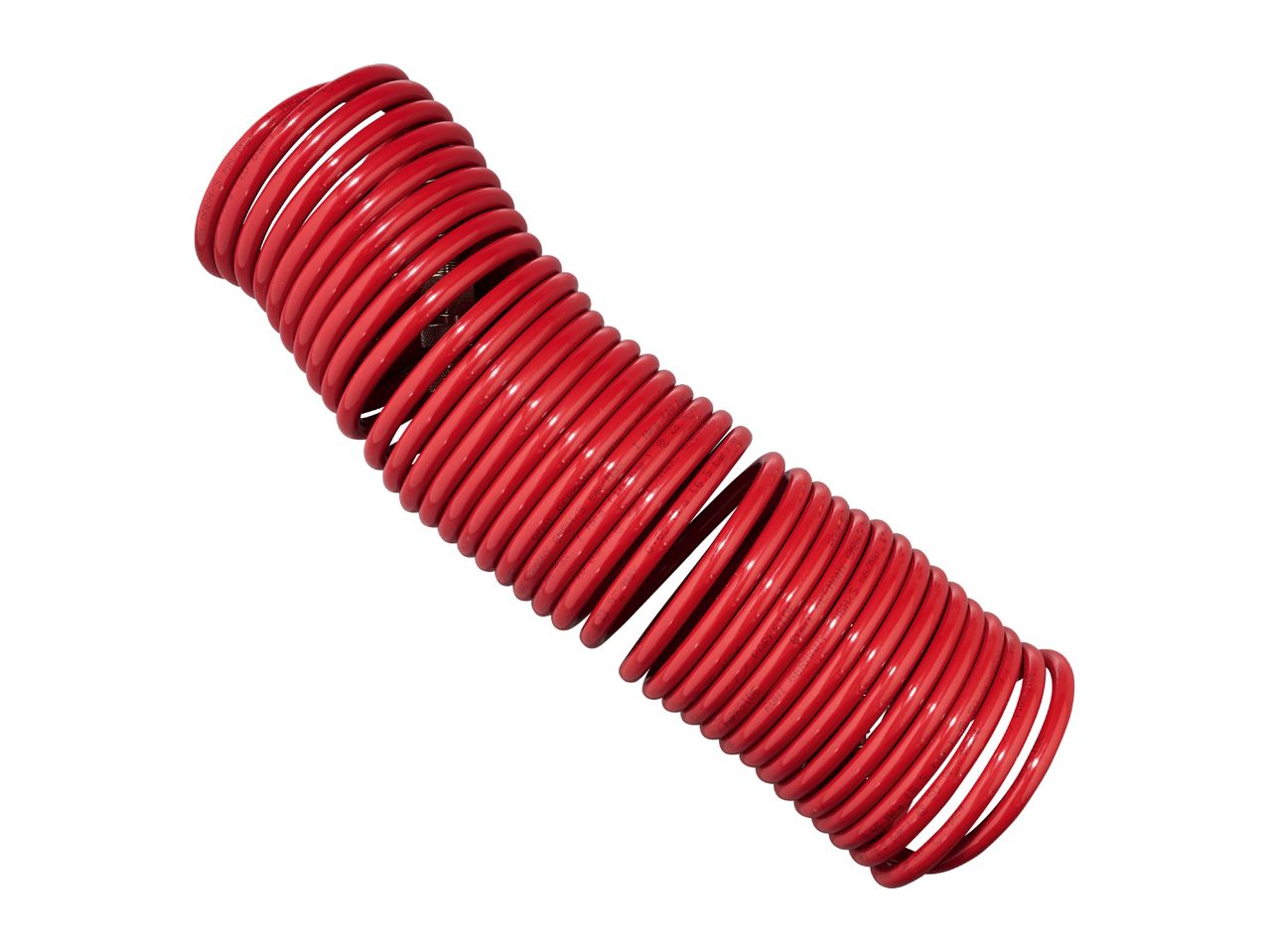 Red coiled air hose with text markings like 'GERMANY' and pressure ratings.