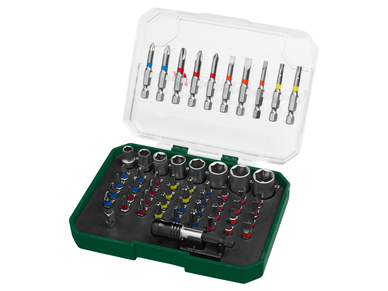 Parkside® otsikute ja padrunvõtmete komplekt karbis, erinevate suuruste ja värvidega.