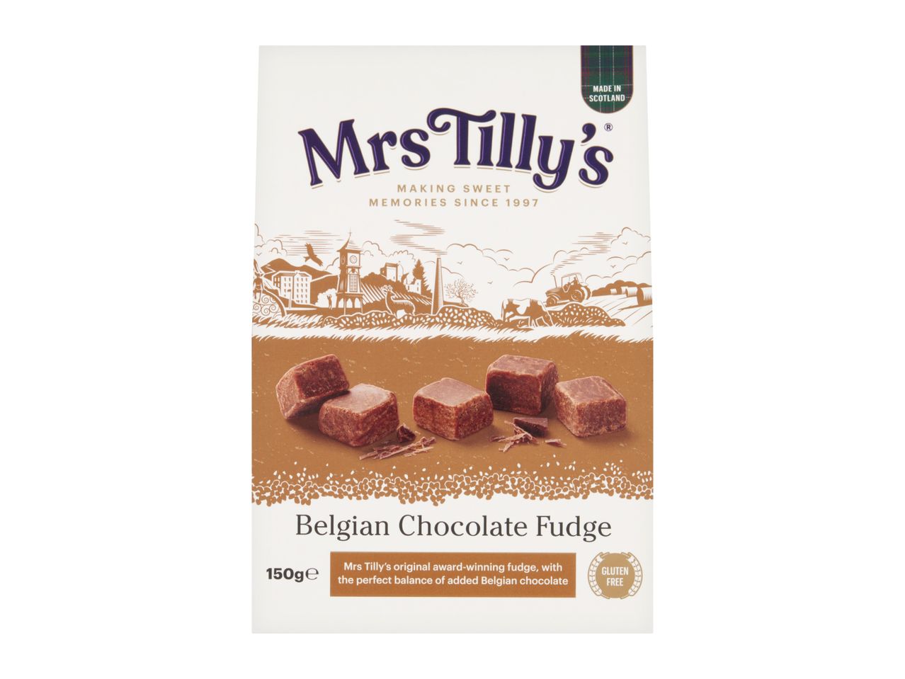 Mrs Tilly's Belgian Chocolate Fudge, 150g, gluten-free, made in Scotland.