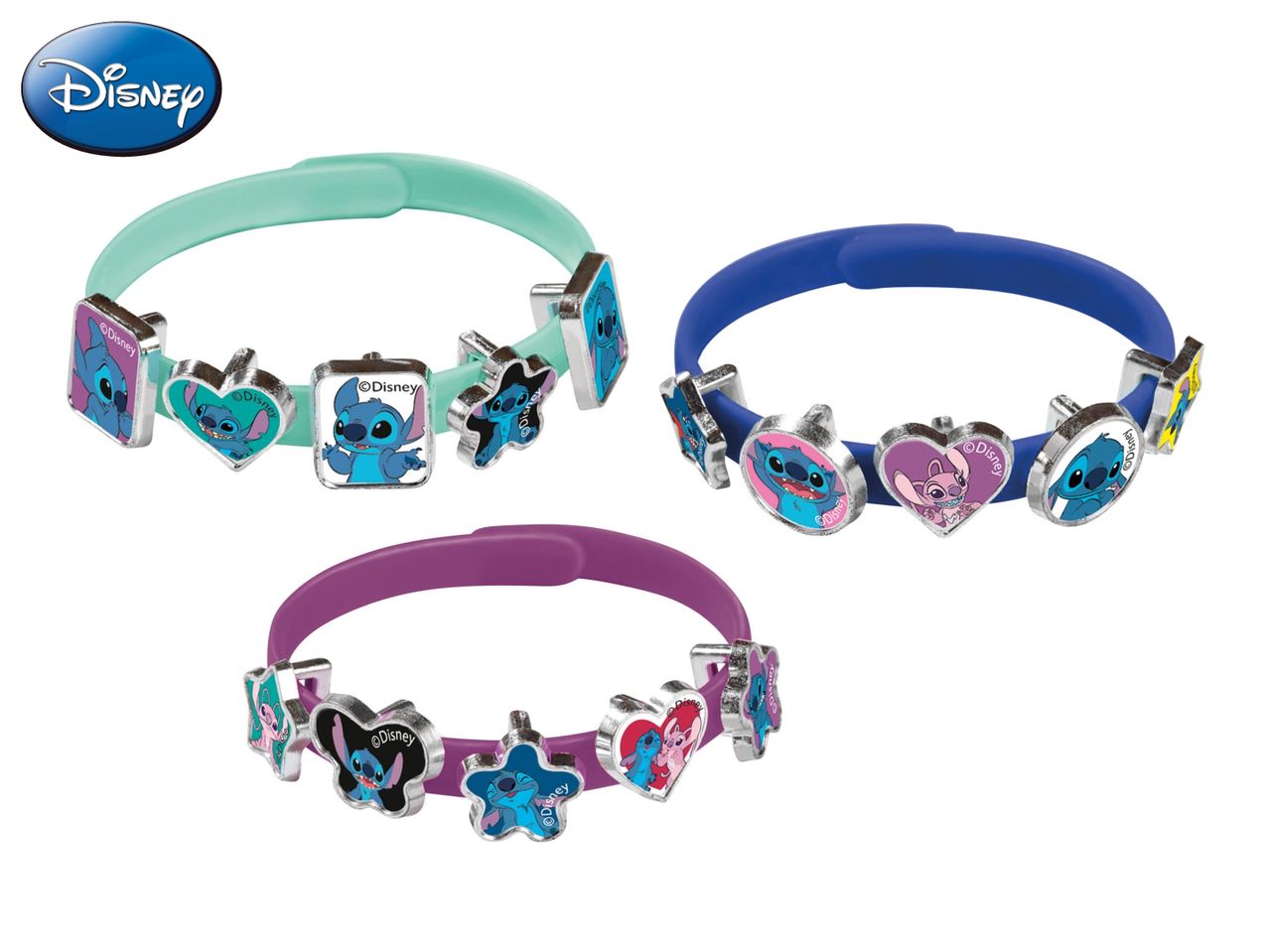 Three Disney-themed charm bracelets in teal, blue, and purple.