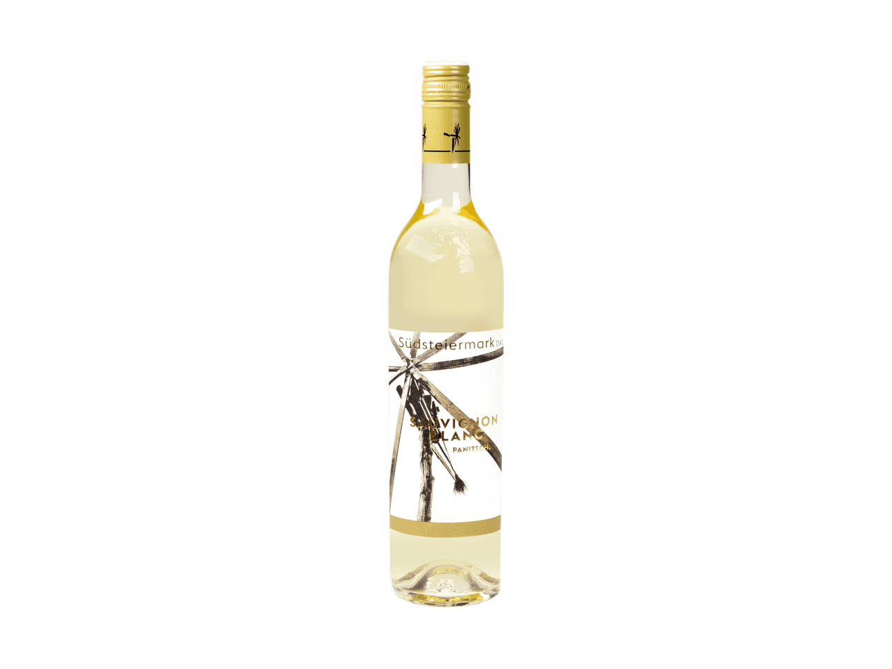 Eine Flasche Panitsch Sauvignon Blanc Wein auf schwarzem Hintergrund.