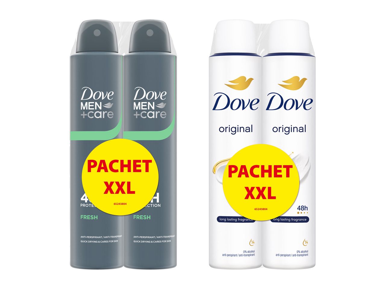 Două seturi de deodorante Dove, unul pentru bărbați și unul original, ambele în pachet XXL.