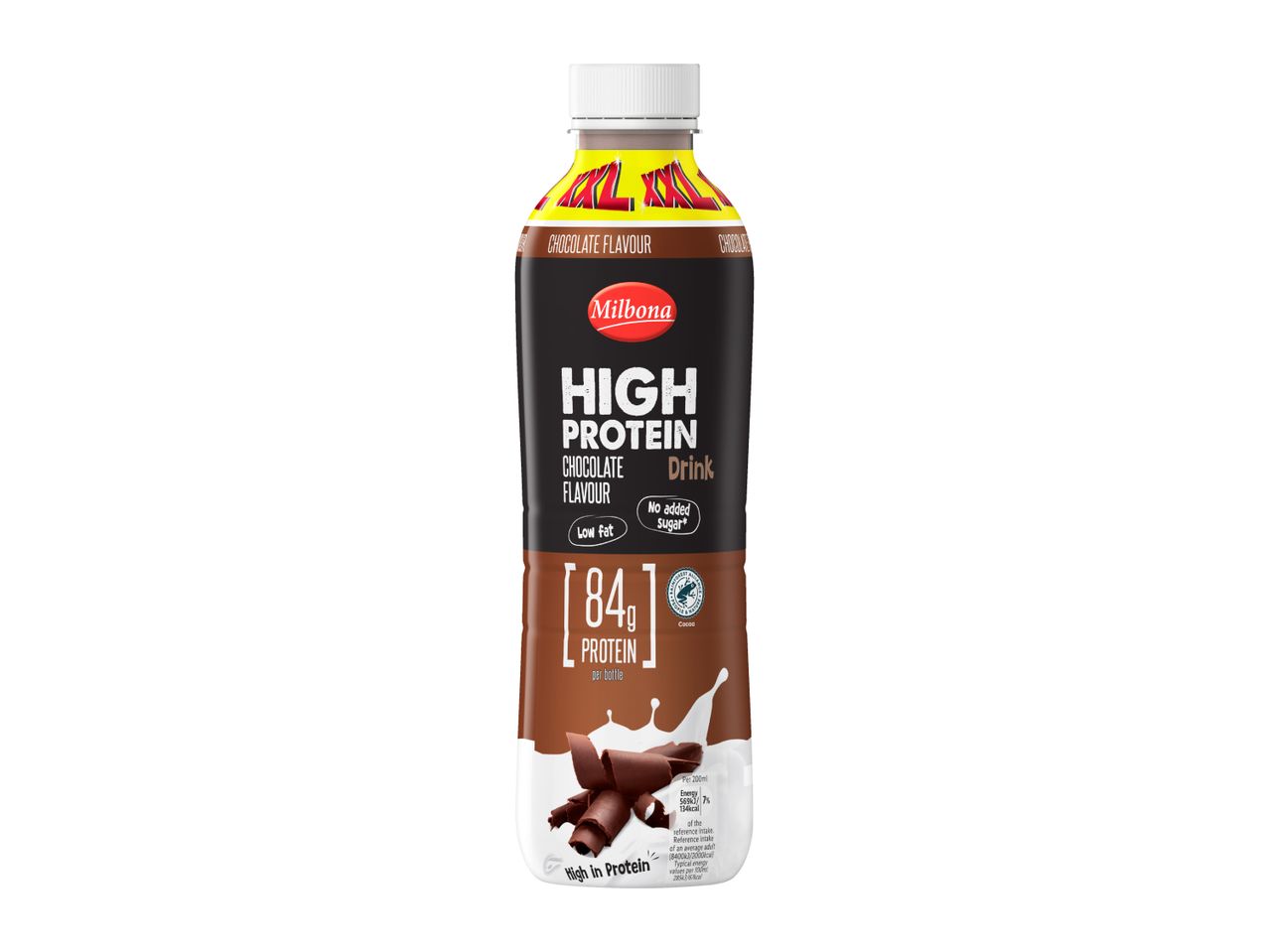 Chocolate high protein drink with 84g protein per bottle, low fat, and no added sugar.