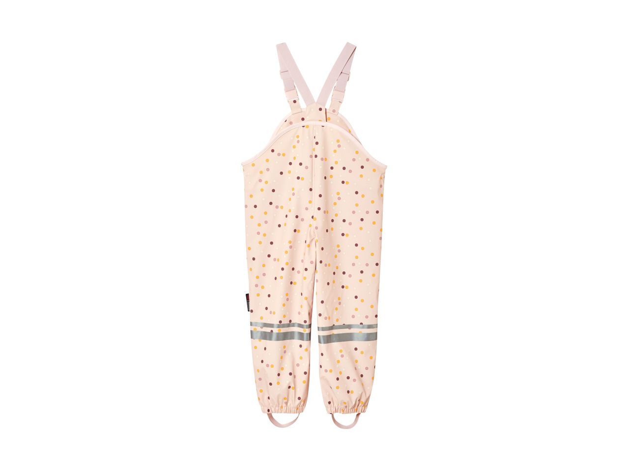 Children's pink polka dot rain overalls with reflective stripes