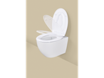 Assento de sanita Livarno branco com redutor infantil, levantado numa parede bege.