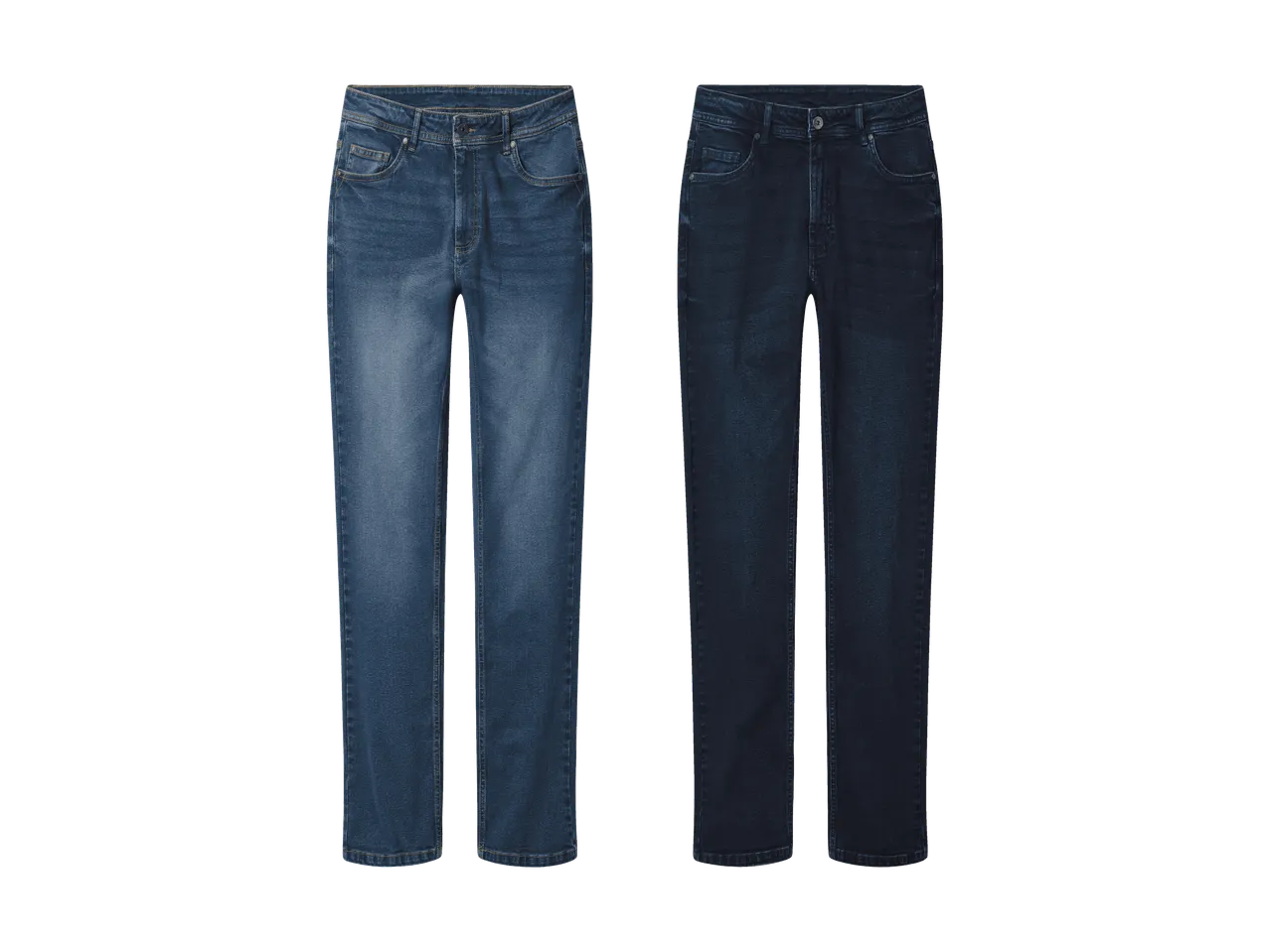 Zwei Herrenjeans, eine hellblaue und eine dunkelblaue, auf schwarzem Hintergrund.