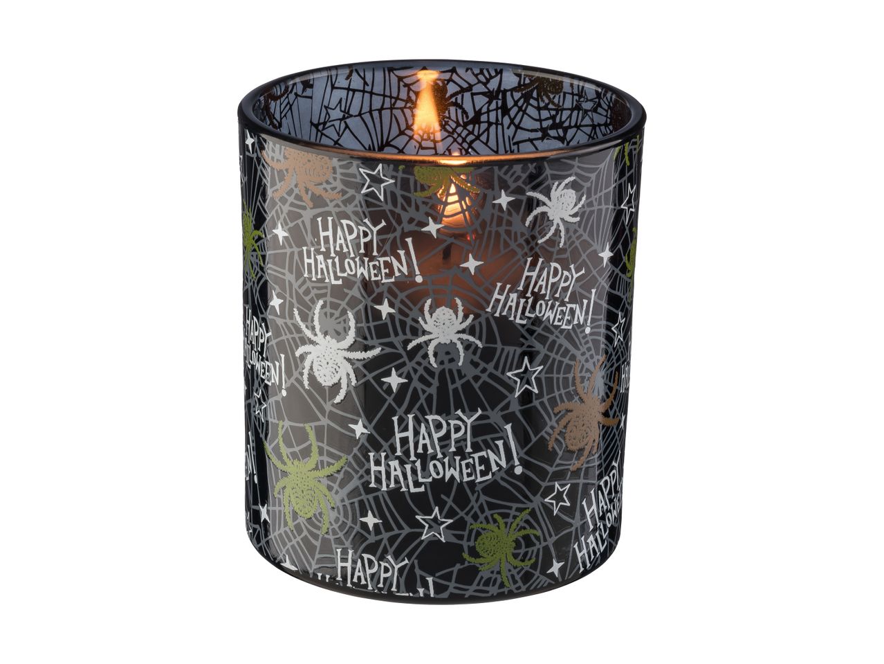 Halloween-themed candle in a glass jar with spiderweb and spider designs, and 'Happy Halloween!' text.