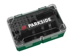 A green and clear plastic storage box with a black interior organizer.