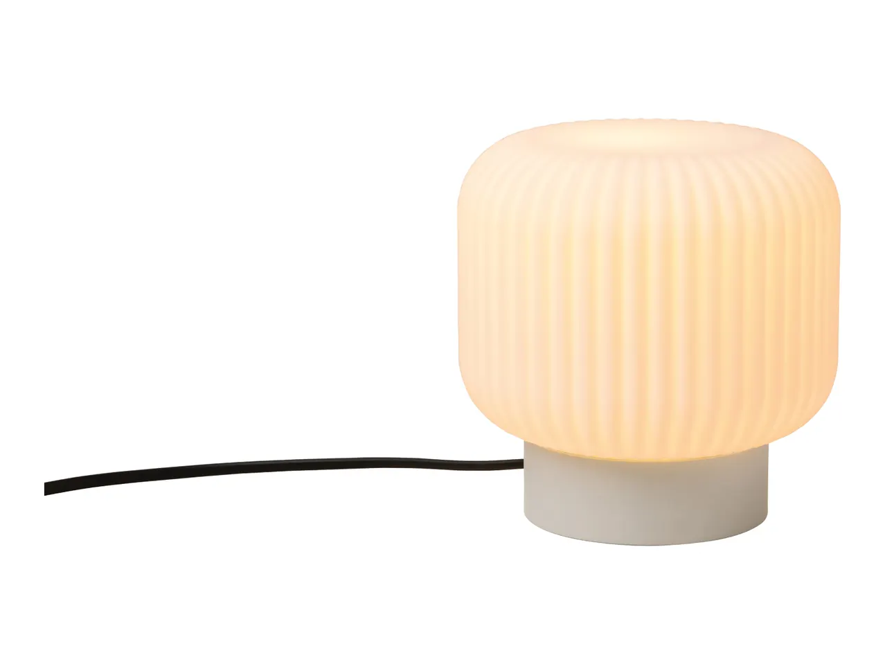 Modern table lamp with a ribbed glass shade and a white base