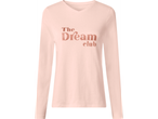 Šviesiai rožiniai marškinėliai ilgomis rankovėmis su V formos iškirpte ir blizgančiu užrašu „The Dream club“.