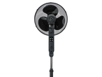 Black pedestal fan with a mesh grille and control panel on a black background
