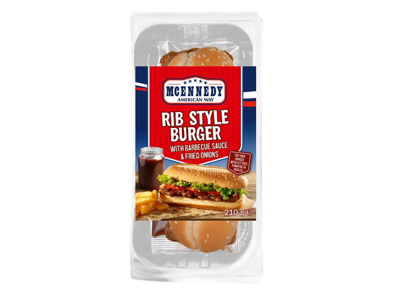 McKennedy rib-style burger in verpakking: met barbecuesaus en uien.