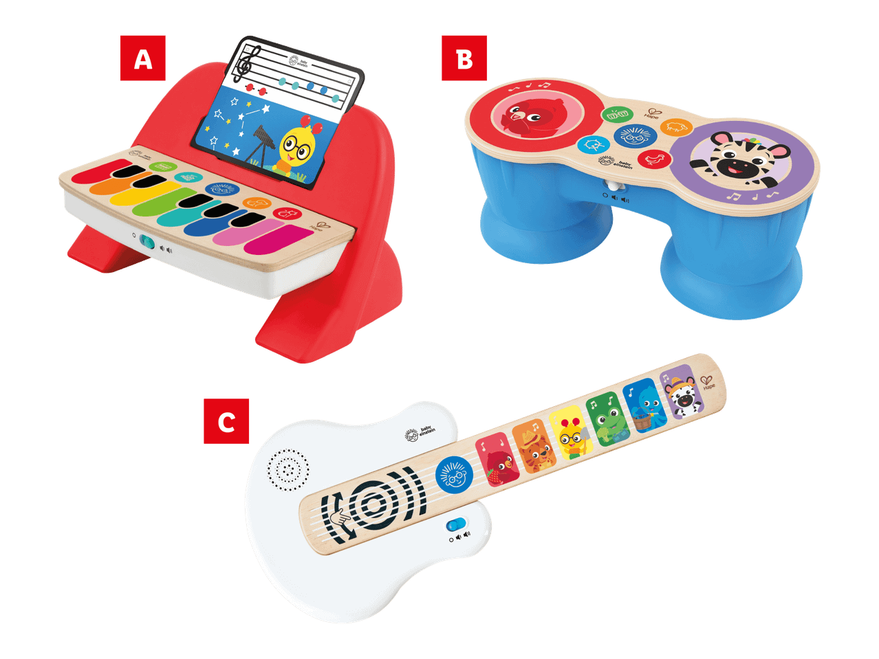 Baby Einstein -lelusoittimia: piano, rummut ja kitara.