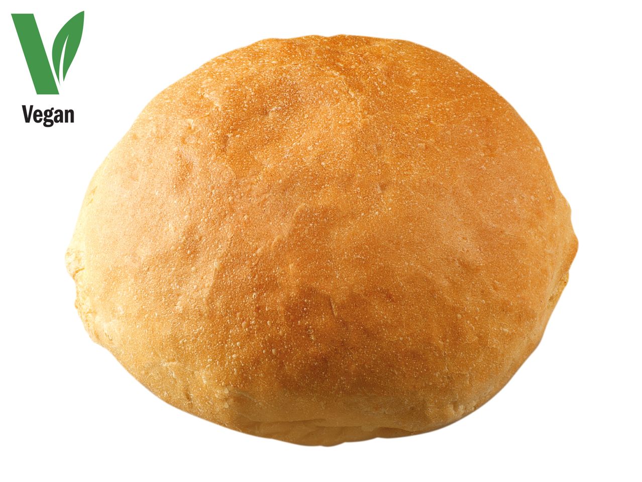 A golden-brown vegan bread roll with a green vegan logo in the top left corner.