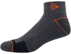 Gray ankle socks with orange accents.