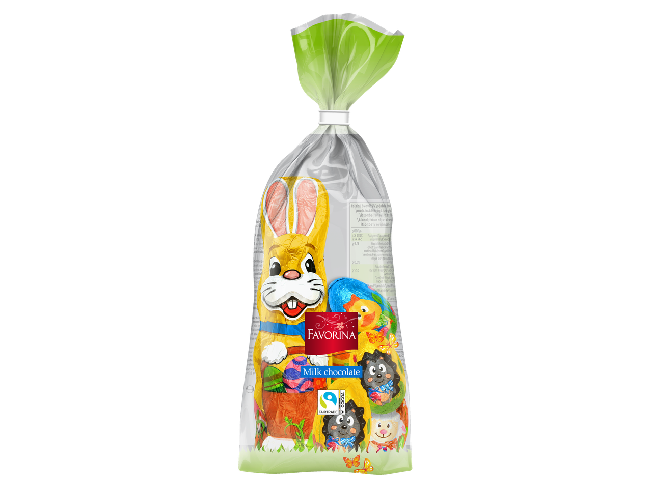 Iepuraș și ouă de Paște Favorina din ciocolată cu lapte într-o pungă transparentă.
