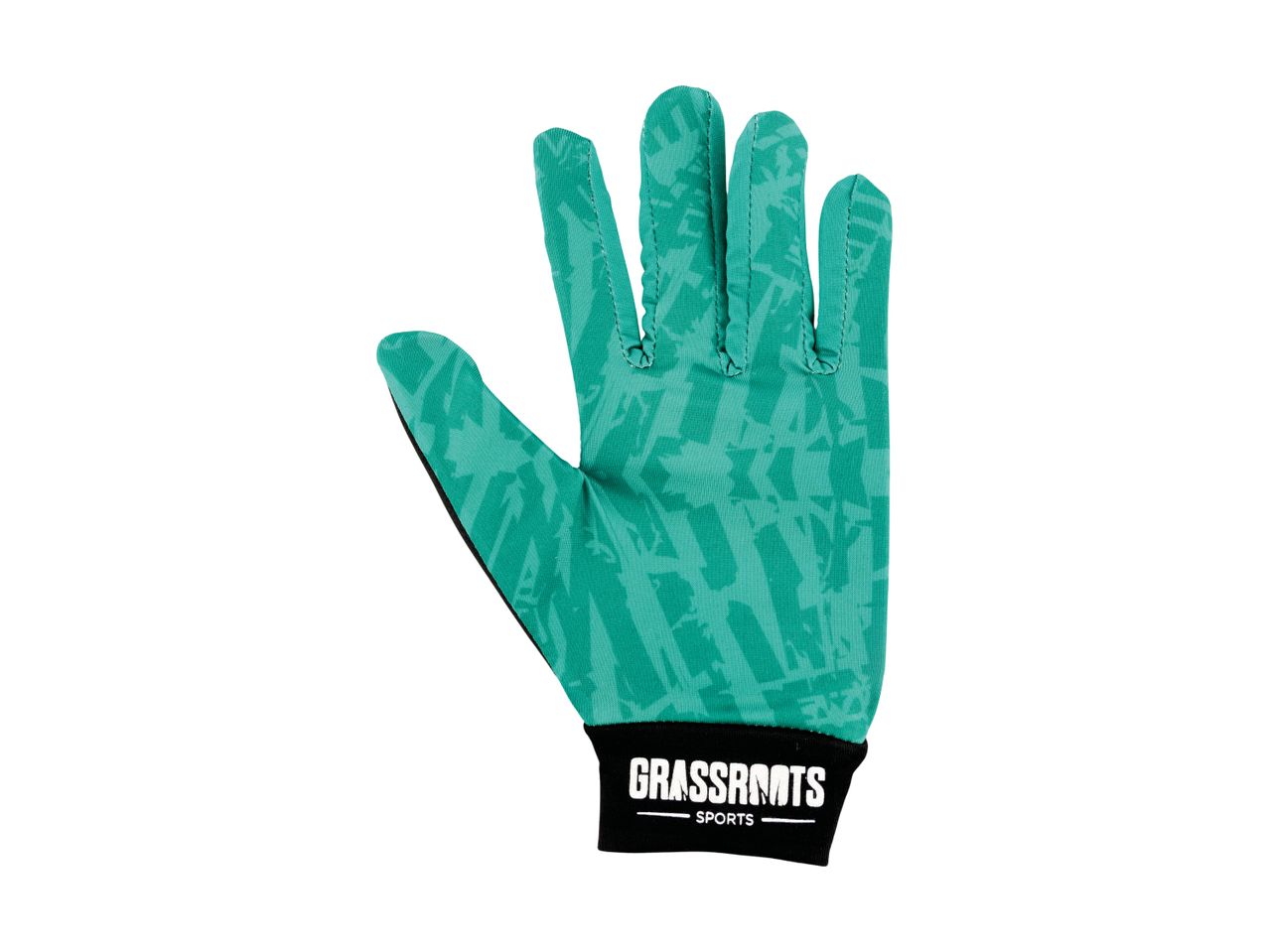 Teal sports glove with a subtle pattern and a black cuff with white text.