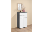 Modern gray and white storage cabinet with 2 drawers and 2 doors.