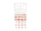 A clear plastic case filled with copper washers of various sizes.