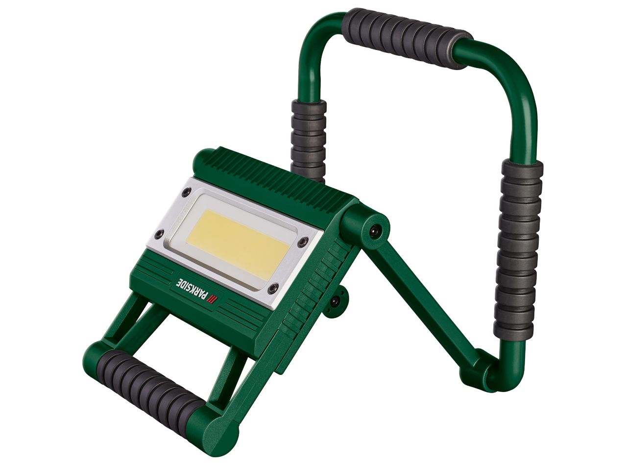 Зелен LED прожектор Parkside с черни дръжки и жълта светлина.