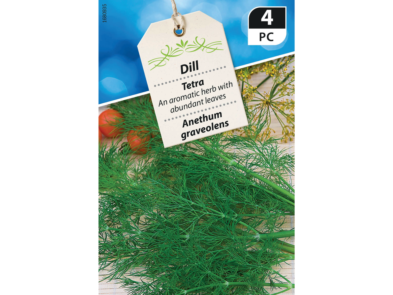 Dill Tetra herb seeds with a label, showing fresh dill and dill flowers.