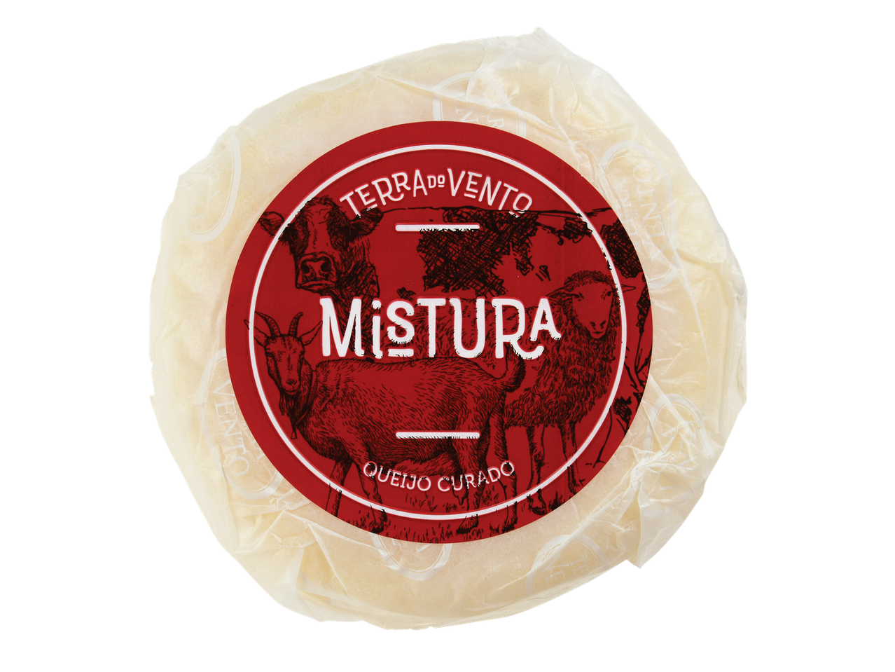 Queijo curado Terra do Vento Mistura com ilustrações de vaca, cabra e ovelha.