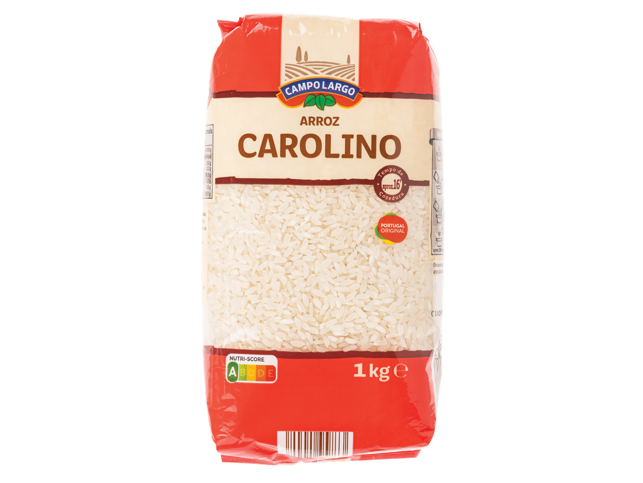 Arroz Carolino CAMPO LARGO, embalagem de 1 kg com Nutri-Score A e tempo de cozedura.