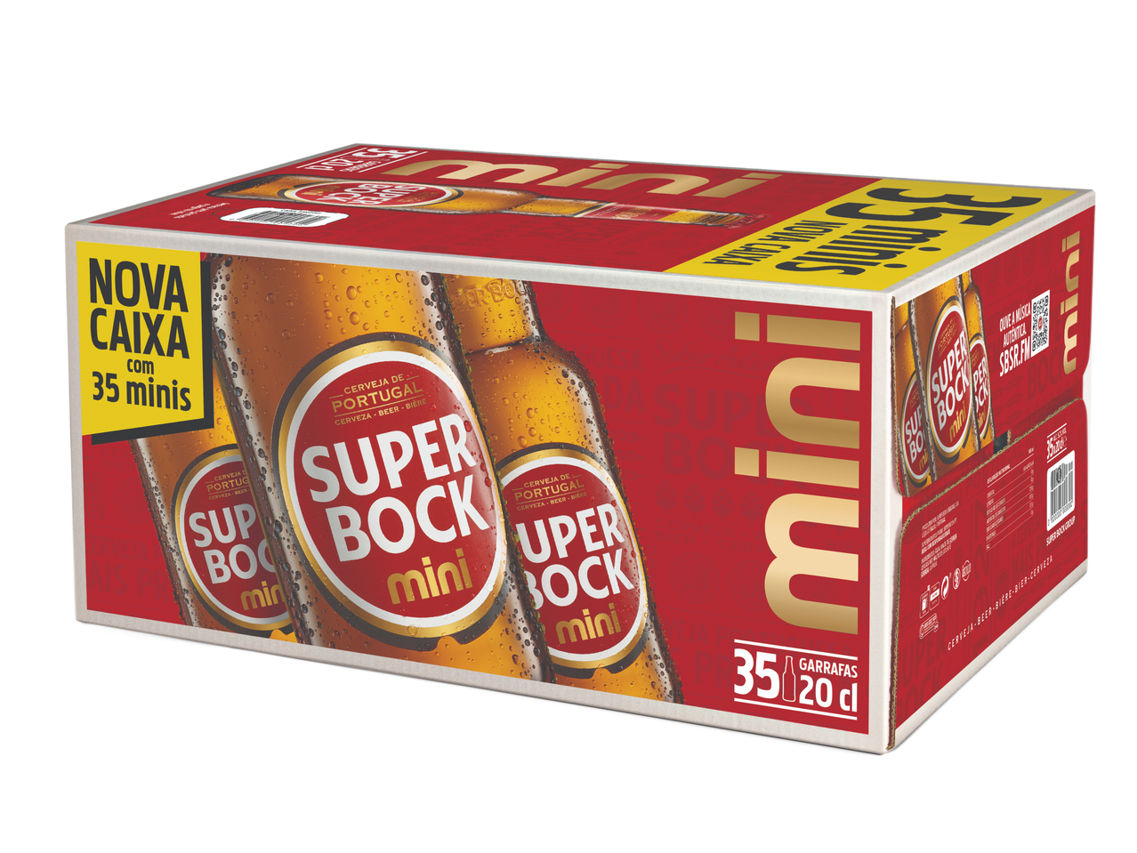 Caixa de cerveja com 35 garrafas pequenas, com rótulos vermelhos e dourados.