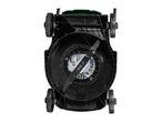Underside of a black lawnmower showing the blade and wheels.
