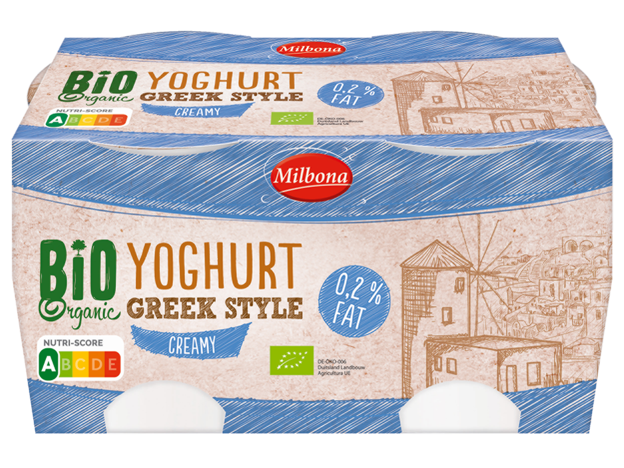 Milbona Bio Griekse yoghurt 0,2% vet, romig, met Nutri-Score A.