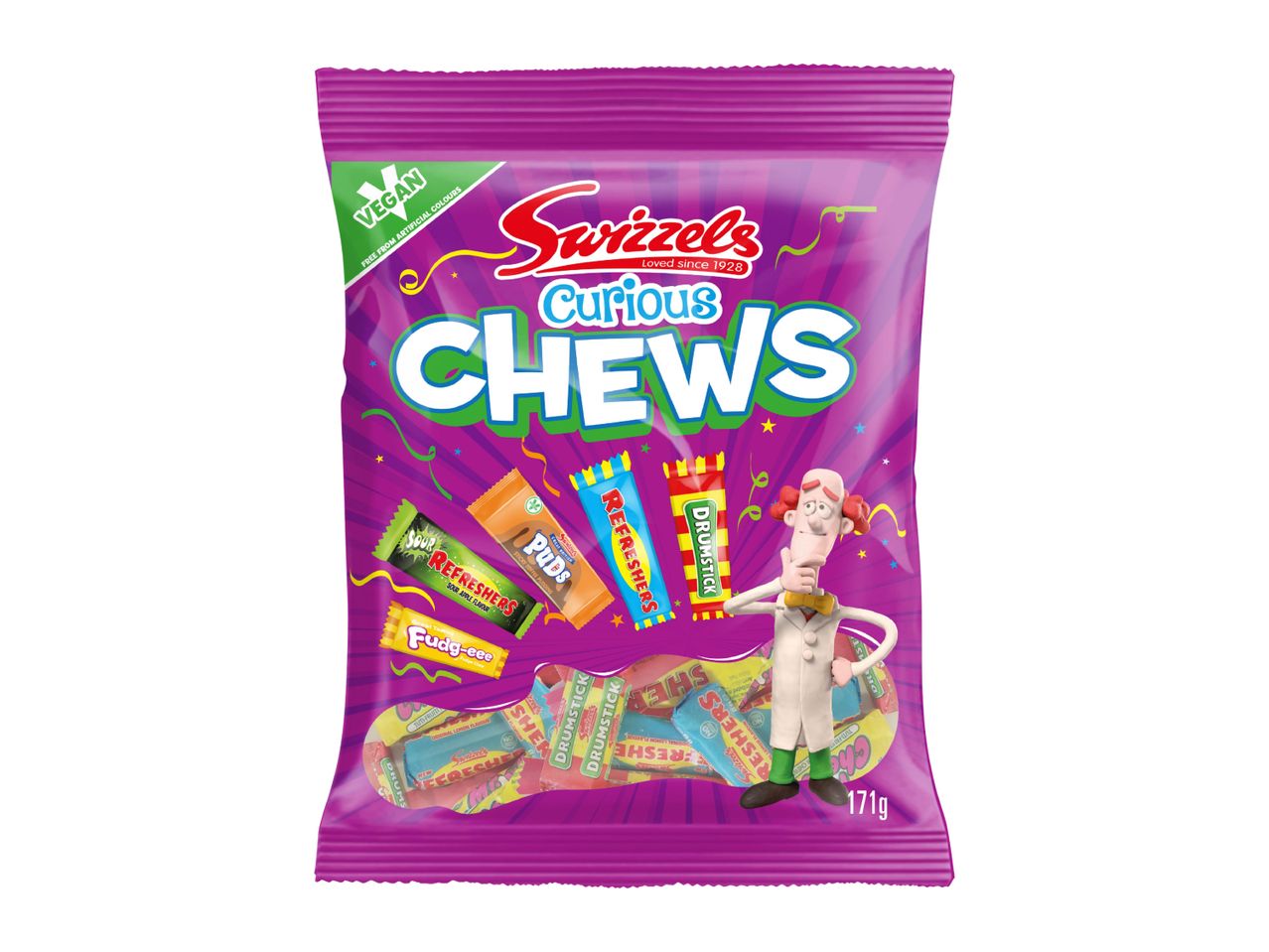 A purple bag of assorted vegan chewy sweets featuring a cartoon character.