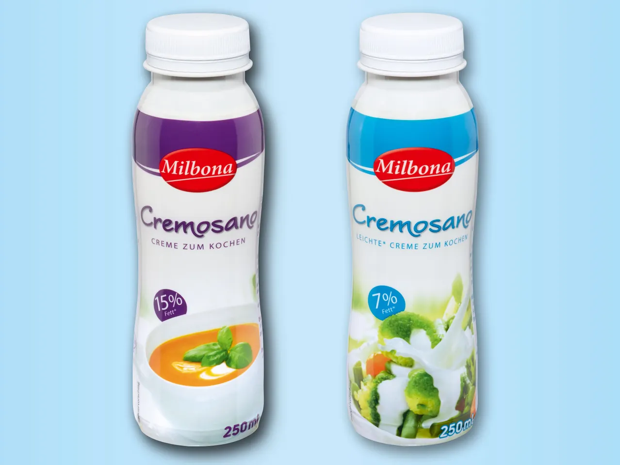Milbona Cremosano Kochcreme: 15% und 7% Fett.