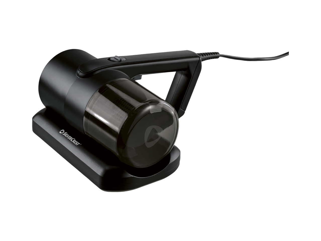 Черна ръчна прахосмукачка с прозрачен контейнер за прах, поставена на зарядна станция.