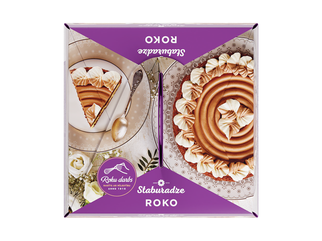 Staburadze Roko torte ar šokolādes krēmu un dekorācijām, pasniegta uz šķīvja.