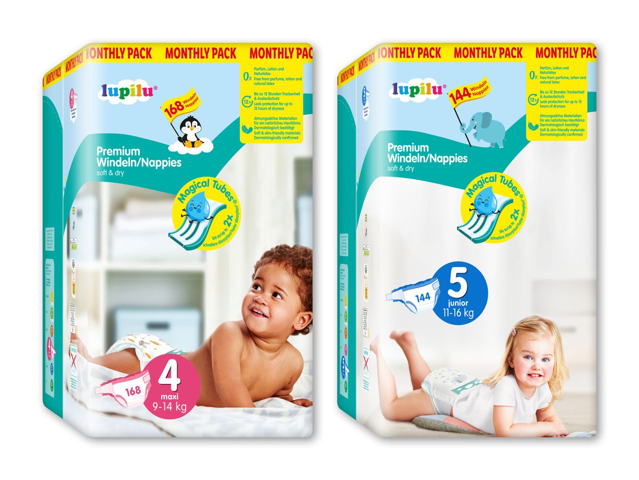 Lupilu Premium bleer, maxi (9-14 kg) og junior (11-16 kg), månedspakker.