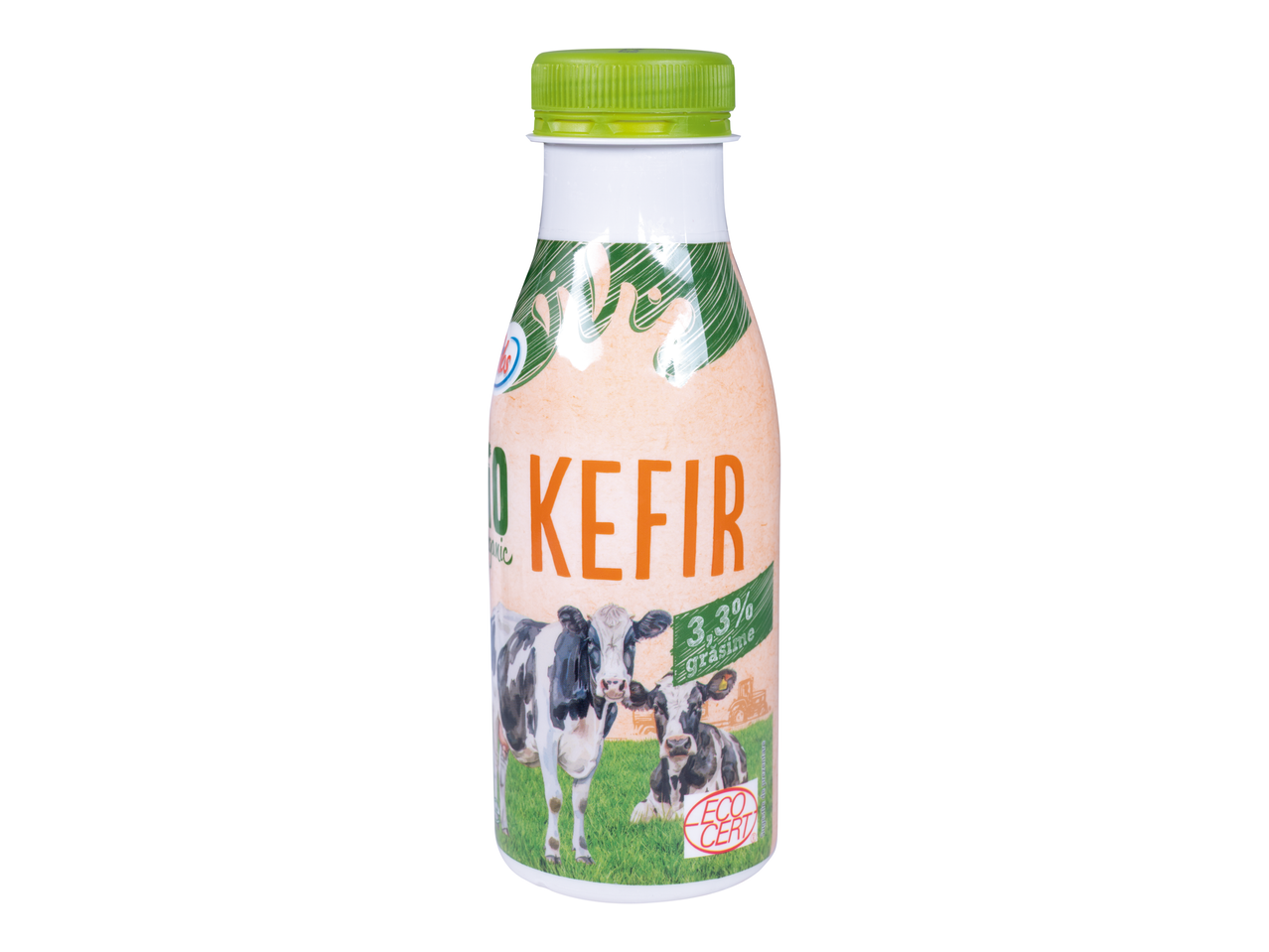Sticlă de Chefir Bio Pilos cu 3,3% grăsime, având vaci pe un câmp verde.