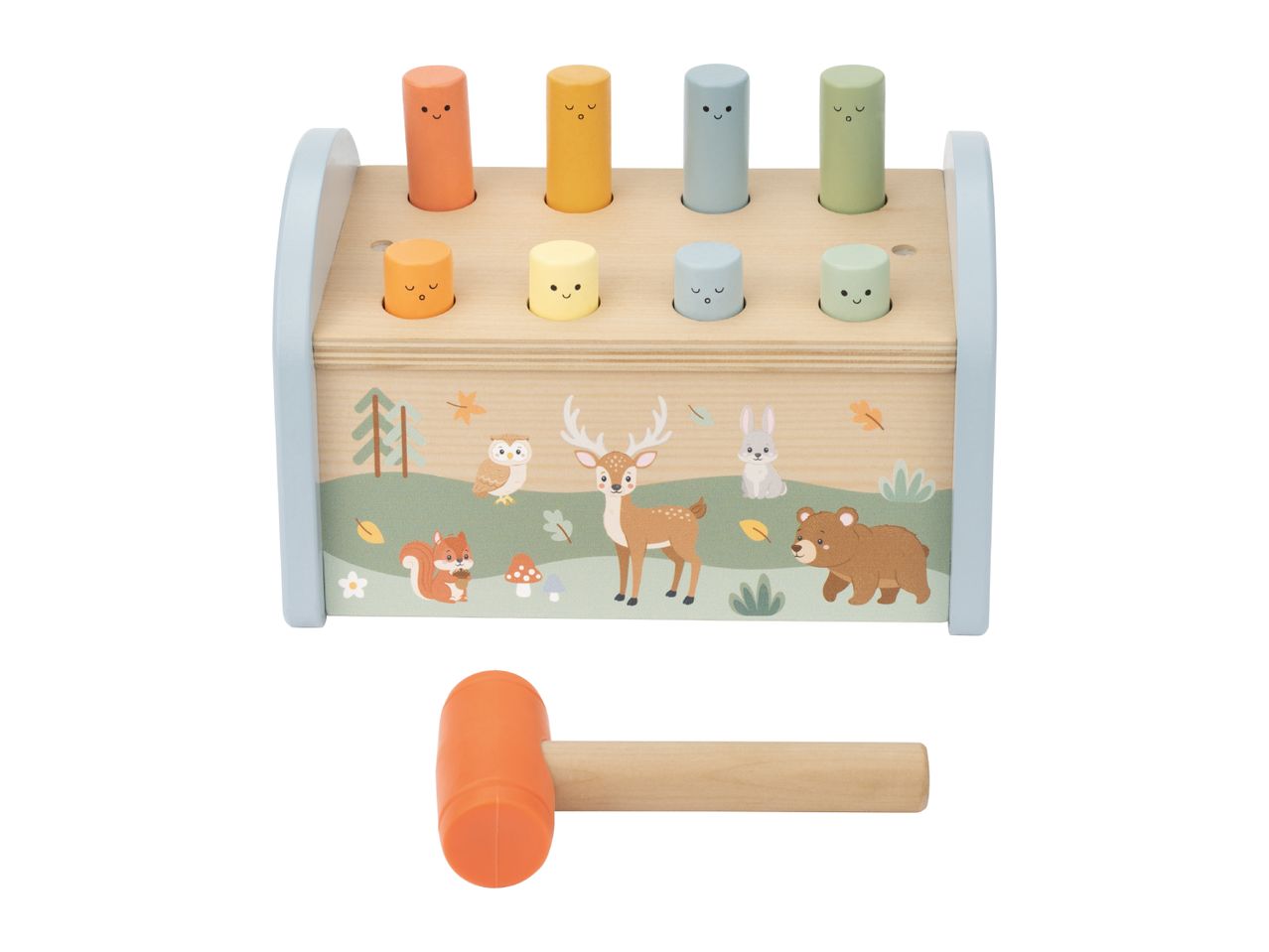 Wooden pound-a-peg toy with colorful pegs and a forest animal design, with a small hammer.