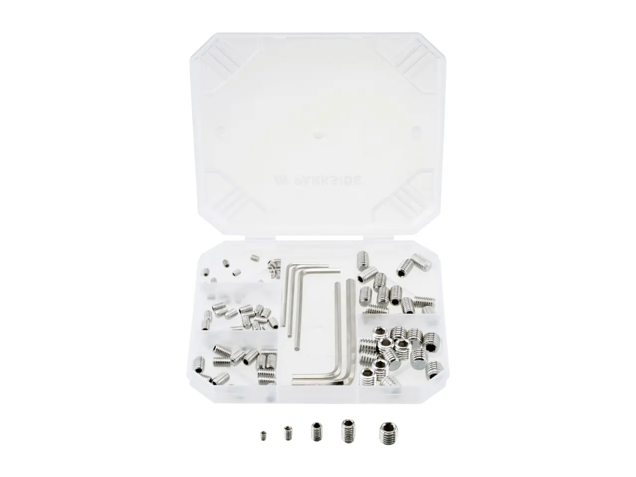 Set of hex keys and various sizes of grub screws in a clear plastic organizer box.