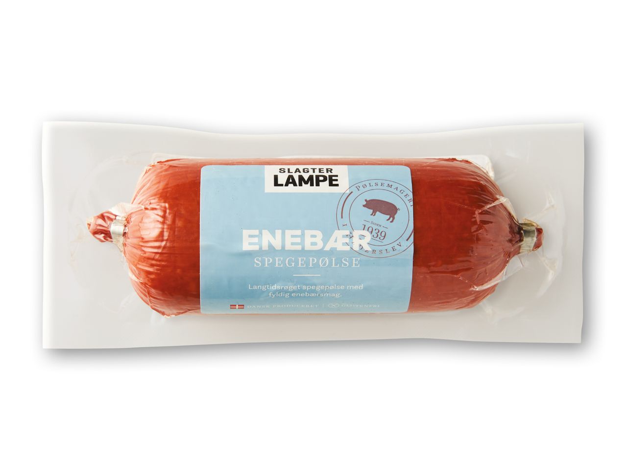 Vakuumforseglet pakke med Enebær Spegepølse fra Slagter Lampe.