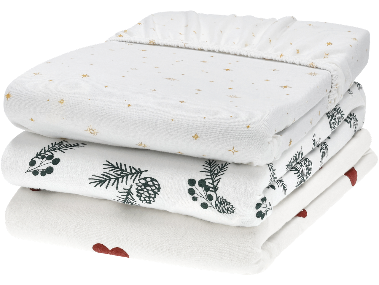 LIVARNO palagi: balti ar zelta zvaigznēm, zaļām priedēm un sarkanām sirdīm.