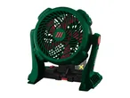 Green and red portable fan with a black base and a red power switch.