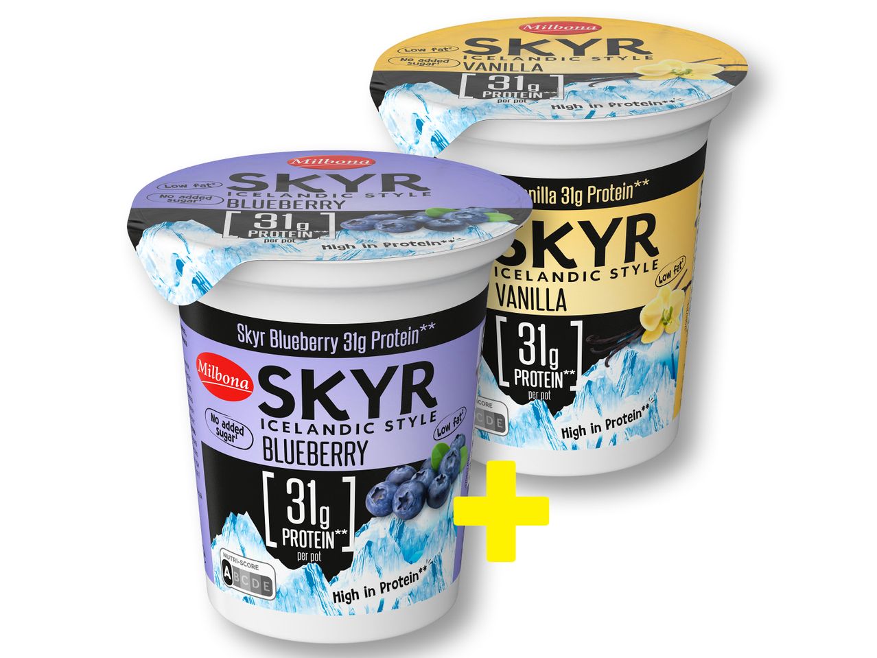 Две купички кисело мляко Skyr с различни вкусове.