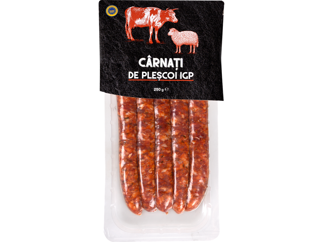 Cârnați de Pleșcoi I.G.P. într-un ambalaj cu ilustrații de vacă și oaie, 250g.